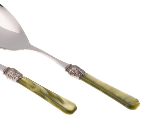 Penelope Salad Cutlery Set of 2 Pieces in 18/10 Stainless Steel with 2.5 mm Thick Olive Green Methacrylate Handle