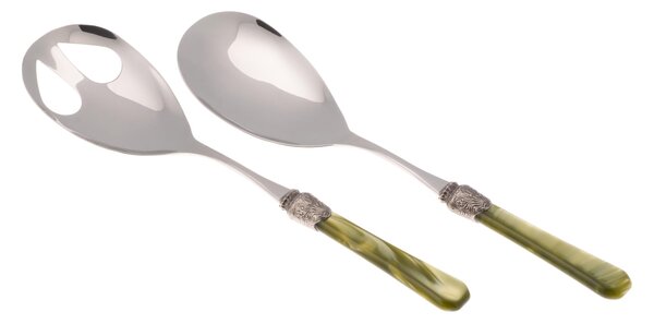 Penelope Salad Cutlery Set of 2 Pieces in 18/10 Stainless Steel with 2.5 mm Thick Olive Green Methacrylate Handle
