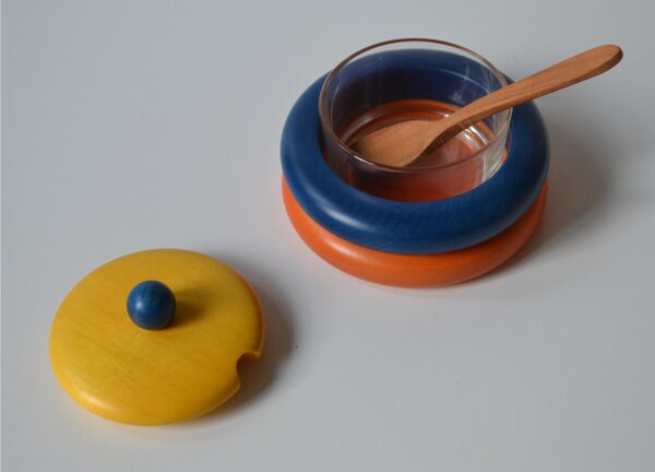 Solid Lime Wood Sugar Bowl � 13xh 10 cm with Glass Interior, Orange Blue Yellow Combination