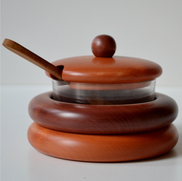 Solid Wood Sugar Bowl � 13xh 10 cm in Solid Lime Wood, Glass Interior Combination Paprika Mahogany Paprika
