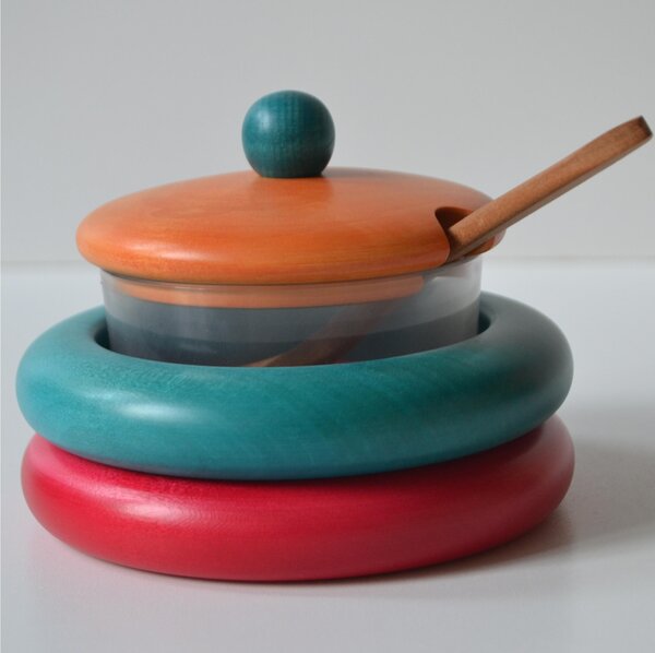Solid Linden Wood Sugar Bowl � 13xh 10 cm with Glass Interior, Red Blue Orange Combination