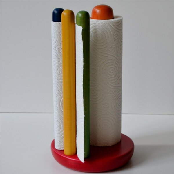 Vertical Tabletop Kitchen Roll Holder 15xh28 cm in Coloured Lime Wood with Red Base