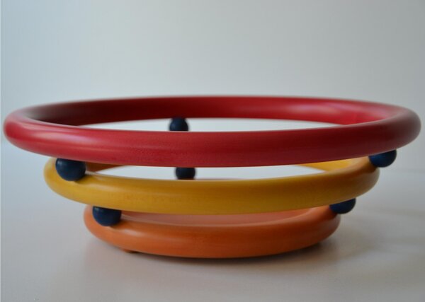 Alder Wood Bread Basket, Fruit Holder with Mahogany Balls, Diameter 34xh12 cm, Natural Lime Wood Petals with Blue Balls