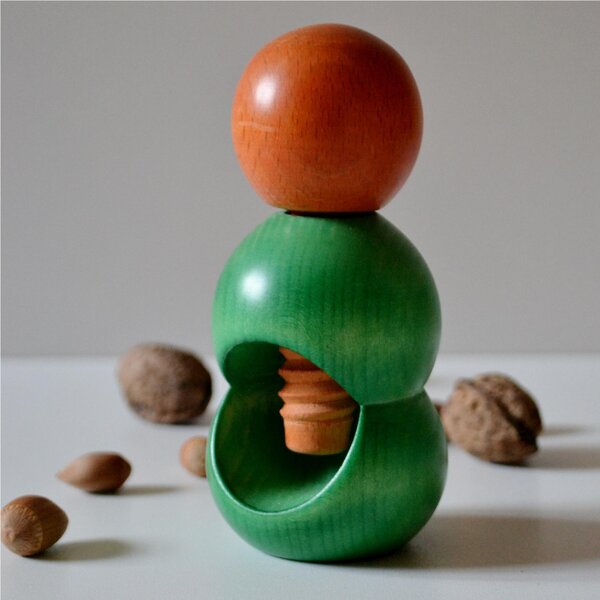 Hand-turned Linden Wood SPHERE Nutcracker 5.5xh12 cm Bicolour Green Orange