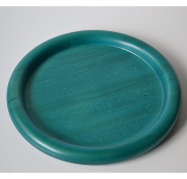 Hand-Turned Solid Wood Round Tray 34xh3.5 cm Painted with Green Water-Based Paints