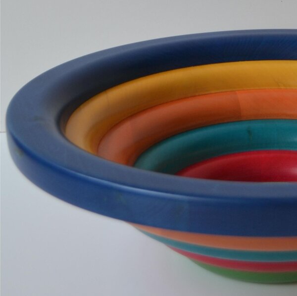 Centre Piece Fruit Bowl, Salad Bowl ARENA Diameter 34xh 11.5 cm with Solid Lime Wood, Each Ring Individually Hand-Turned Multicolour