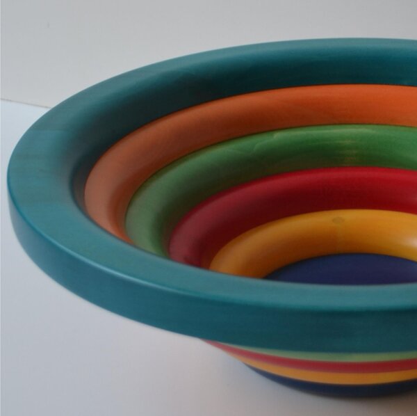 Centrepiece Fruit Bowl, Salad Bowl ARENA diameter 34xh 11.5 cm with solid linden wood, each ring individually hand-turned multicolour