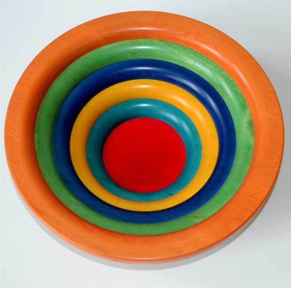 Centre Piece Fruit Bowl, Salad Bowl ARENA � 34xh 11.5 cm with Solid Linden Wood, Each Ring Individually Hand-Turned and Multicoloured