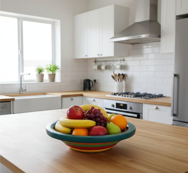 Centrepiece Fruit Bowl, Salad Bowl ARENA diameter 34xh 11.5 cm with solid linden wood, each ring individually hand-turned multicolour