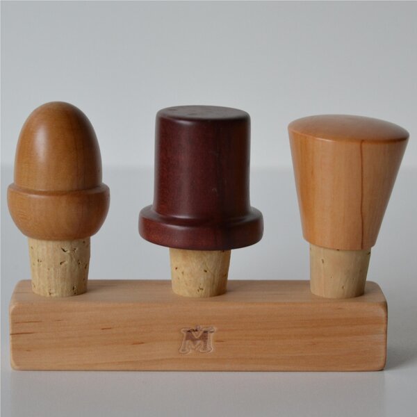 Set of 3 Wooden and Cork Bottle Stoppers for Glass Bottles, Assorted Colours and Shapes, Dimensions 12x3.5xh11, Natural and Mahogany Wood