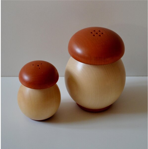Mahogany Wood Salt and Pepper Set, dia. 7.5xh9.7 cm - Salt dia. 5.3xh7 cm, Natural Wood Base, Paprika Lid