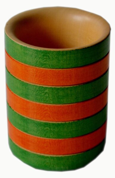 Wooden Turned Pencil Holder, Cylindrical 8.2xh11 cm in Green Orange Colours