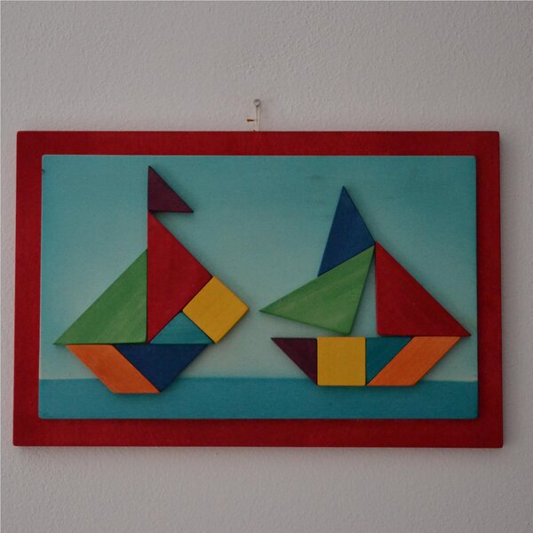 Double Boat Tangram Painting 37x24x1.6 cm Horizontal Wooden Panel Red Colour, Pieces are Attached and Glued with 7 Tangram Pieces Infinite Figures Can Be Made