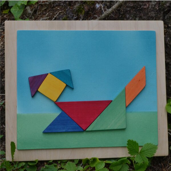 Tangram Dog Picture 24x28x1.6 cm Horizontal Wooden Panel in Dove Grey Colour, Pieces are Attached and Glued, 7 Tangram Pieces Can Create Infinite Figures