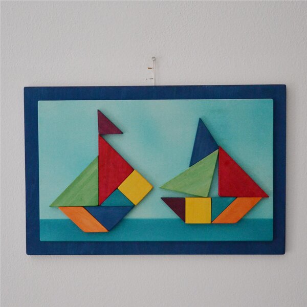 Double Boat Tangram Picture 37x24x1.6 cm Horizontal Blue Wooden Panel, Pieces Attached and Glued with 7 Tangram Pieces Infinite Figures Possible
