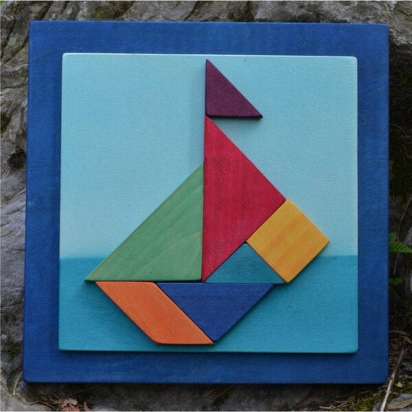 Tangram Picture Boat 24x28x1.6 cm Horizontal Blue Wooden Panel with Attached and Glued 7 Tangram Pieces Can Make Infinite Figures