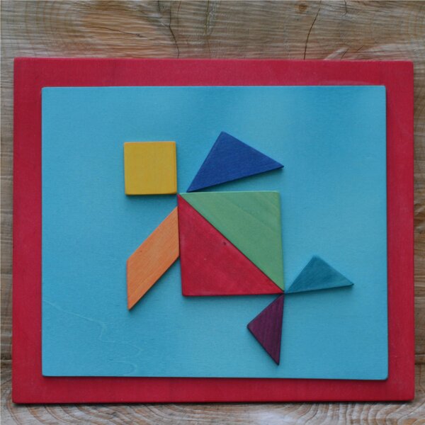 Tangram Turtle Painting 24x28x1.6 cm Horizontal Wooden Panel Red Colour, Pieces are Attached and Glued with 7 Tangram Pieces Infinite Figures Can Be Made