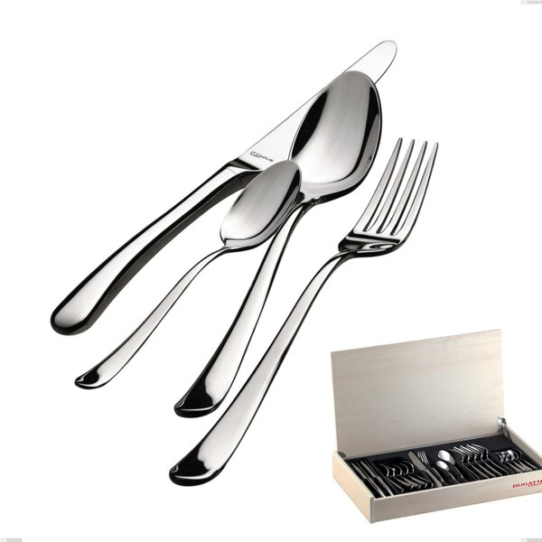 Madeira Case 30 Pieces Cutlery Set Settimocielo Lucido Bugatti, Polished Chrome Steel 18.10, 4 mm Thickness