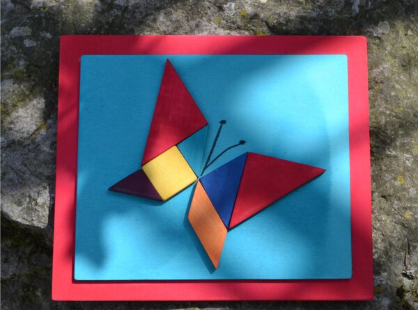 Tangram Painting The Butterfly 24x28x1.6 cm Horizontal Red Wooden Panel The Pieces are Attached and Glued with 7 Tangram Pieces Infinite Figures Can Be Made