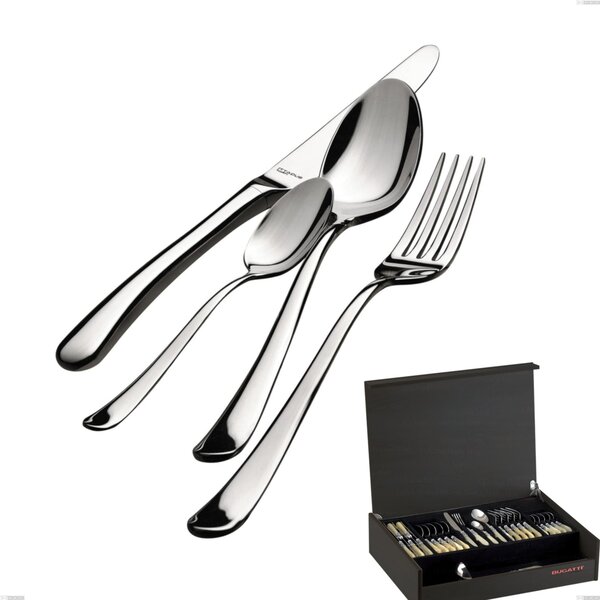 49-Piece Settimocielo Lucido Bugatti Cutlery in Wenge Wood Case, Polished 18.10 Chrome Steel, 4 mm Thickness