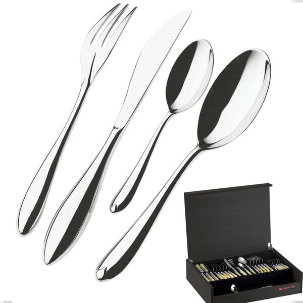 49-Piece Venezia Bugatti Cutlery Set in Wenge Wood Case, 18.10 Polished Chrome Stainless Steel, 12 mm Thickness