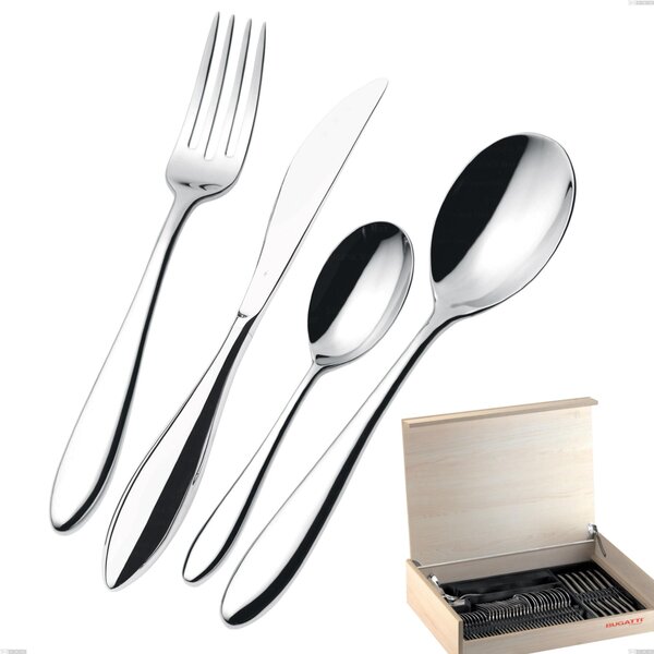 Madeira Case 50 Pieces Fresco Bugatti Cutlery, 18.10 Polished Chrome Steel, 13 mm Thickness