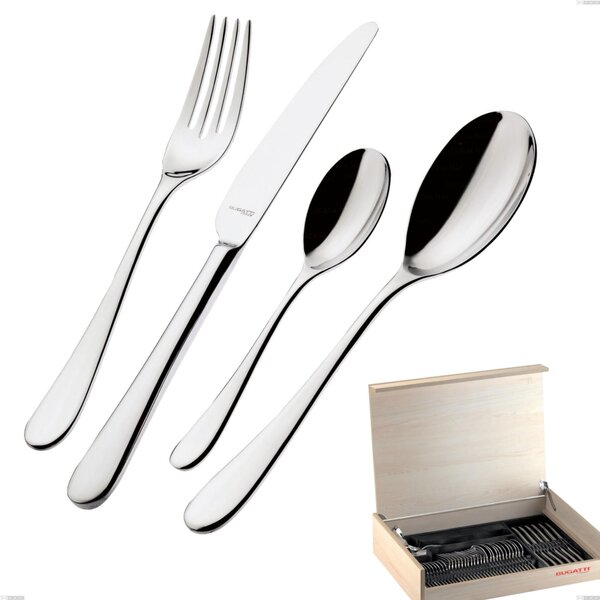 Madeira Case 50 Pieces Cutlery Siena Bugatti, Polished Chrome Stainless Steel 18.10, 3 mm Thickness