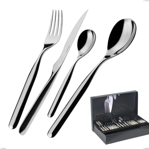 Vidal Bugatti 49 Piece Cutlery Set in Gallery Box, 18.10 Shiny Chrome Stainless Steel
