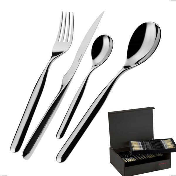 75-piece Vidal Bugatti cutlery set in wenge wood case, 18.10 polished chrome stainless steel