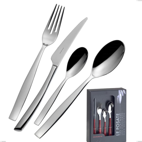 Toscana Bugatti 24 Piece Cutlery Set in Display Case, Polished Chrome Stainless Steel 18.10, 3mm Thickness