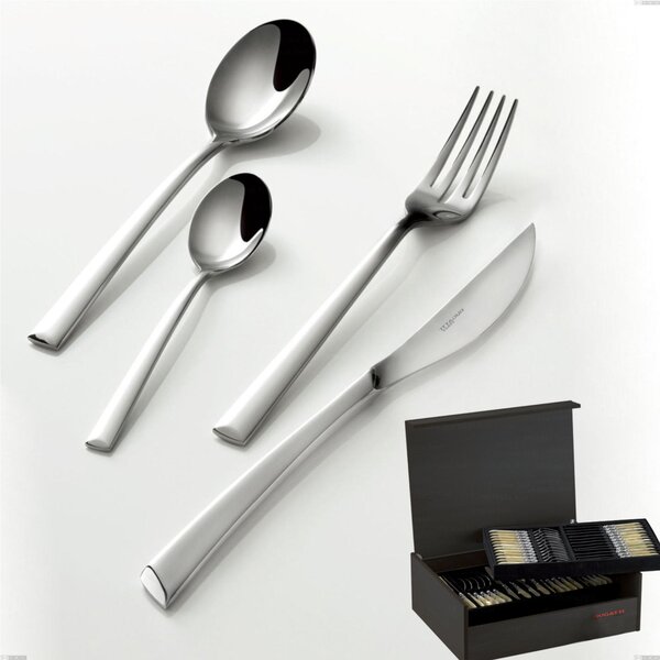 75-Piece Caprera Bugatti Cutlery Set in Wenge Wood Case, 18.10 Polished Chrome Stainless Steel