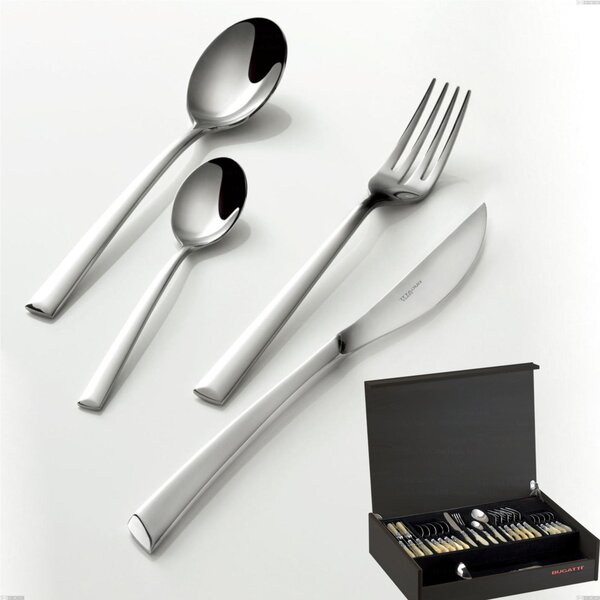 49 Piece Cutlery Set in Wenge Wood Case Caprera Bugatti, Polished Chrome Stainless Steel 18.10