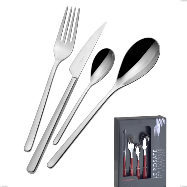 Bugatti Sintesi 24 Pieces Cutlery Set in Display Case, Polished Chrome 18.10 Stainless Steel