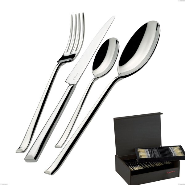 75 Piece Cutlery Set in Wenge Wood Case Duetto Bugatti, 18.10 Polished Chrome Steel