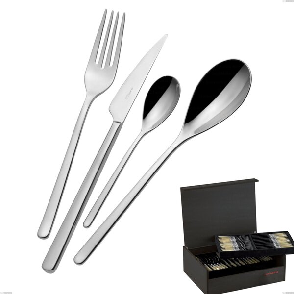 75 Piece Cutlery Set in Wenge Wood Case Sintesi Bugatti, 18.10 Polished Chrome Stainless Steel