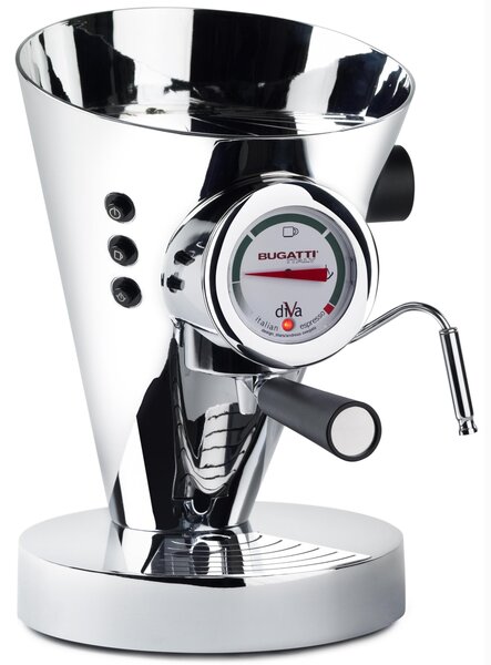 DIVA Bugatti Stainless Steel Coffee Machine 24x24x36.5 cm - Weight 9.5 kg, 0.8 Litres for Ground and Powdered Coffee Entirely Made in Italy with Italian Warranty
