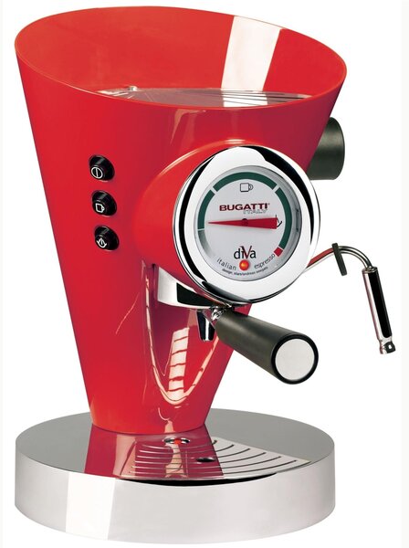 Bugatti DIVA Coffee Machine in Stainless Steel 24x24x36.5 cm - Weight 9.5 kg, 0.8 Litres for Ground and Powdered Coffee Entirely Made in Italy with Italian Warranty, Red