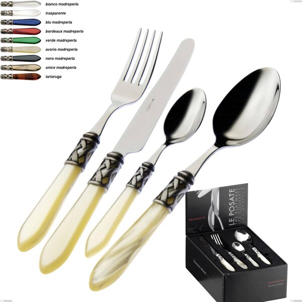 24 Piece Aladdin Compact Cutlery Set with Burnished Bugatti Bezel, Polished 18.10 Stainless Steel and PMMA Handle