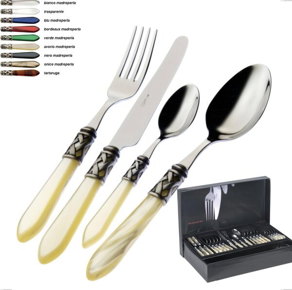 Cutlery set 49 pieces in gallery box Aladdin burnished collar Bugatti, polished 18.10 stainless steel with PMMA handle