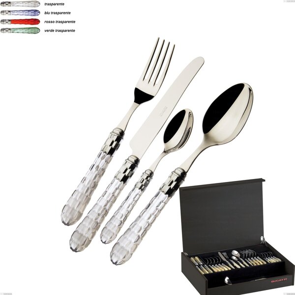 49 Piece Cutlery Set in Wenge Wood Case Cristallo Chrome Ring Bugatti, Polished 18.10 Stainless Steel with PMMA Handle