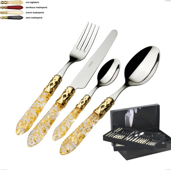 75 Piece Cutlery Set in Box Gallery Aladdin Gold Band Bugatti, Polished 18.10 Stainless Steel with PMMA Handle