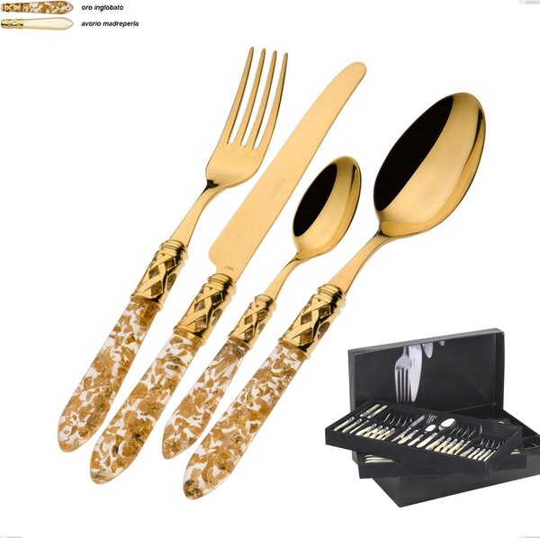 75-piece Aladdin tutto oro Bugatti cutlery set in gallery box, 18.10 stainless steel gold-plated with 24 karat gold, PMMA handle