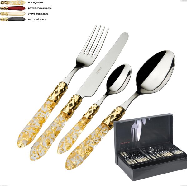 49-Piece Cutlery Set in Gallery Box Aladdin Gold Ring Bugatti, Polished 18.10 Stainless Steel with PMMA Handle