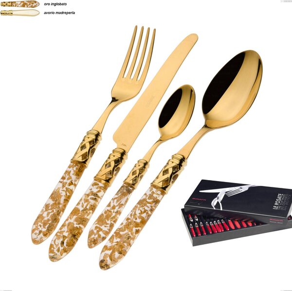 24 Pieces Cutlery Set in Box Gallery Aladdin Tutto Oro Bugatti, 18.10 Stainless Steel Gold Plated 24 Karats with PMMA Handle