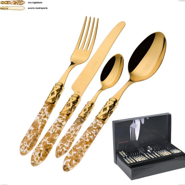 Aladdin All Gold Bugatti Cutlery Set 49 Pieces in Gallery Box, 18.10 Stainless Steel Gold-Plated with 24 Karat Gold, PMMA Handle
