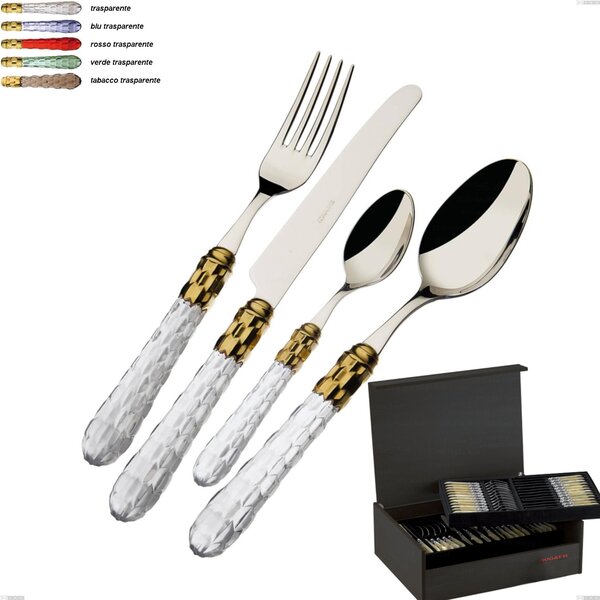75-Piece Cutlery Set in Wenge Wood Case Cristallo Ghiera Oro Bugatti, Polished 18.10 Stainless Steel with PMMA Handle