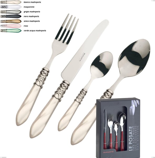 Melodia Chrome Ring Bugatti 24 Pieces Cutlery Set in Display Case, 18.10 Stainless Steel with Mother-of-Pearl Effect in Acrylic