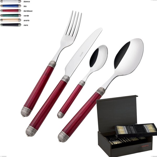 75-Piece Cutlery Set in Wenge Wood Case Dorico Bugatti Darkened Bezel, 18.10 Steel with Marbled Acrylic Handle