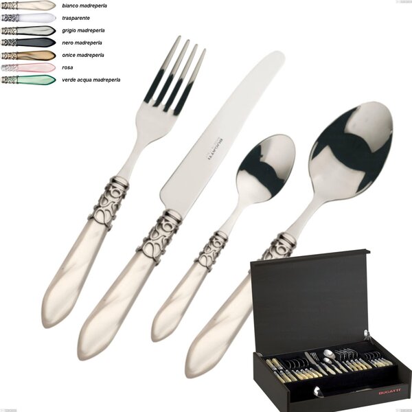 49-Piece Cutlery Set in Wenge Wood Case Melodia Chrome Ring Bugatti, 18.10 Steel with Mother-of-Pearl Effect in Acrylic
