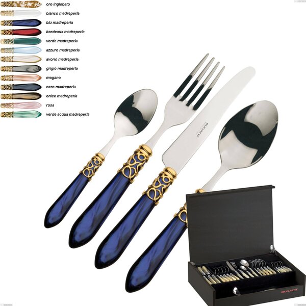 49-Piece Cutlery Set in Wenge Wood Case Melodia Gold Rim Bugatti, 18.10 Stainless Steel with Acrylic Handle